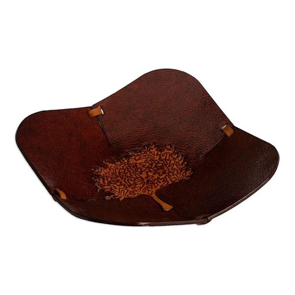 Alternate image for Brown Tree Motif Hand Tooled Leather Catchall from Peru Blooming Tree