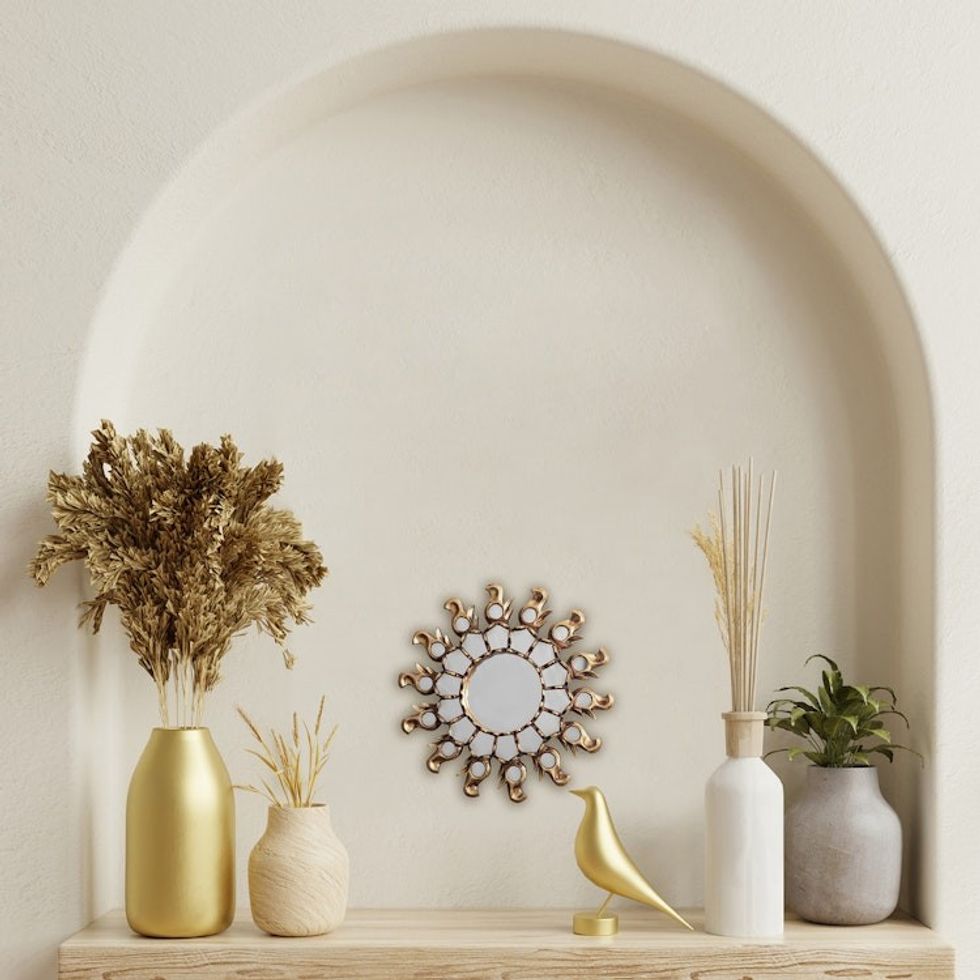 Sun-Themed Bronze Gilded Wood Wall Mirror from Peru 'Infinite Reflection'
