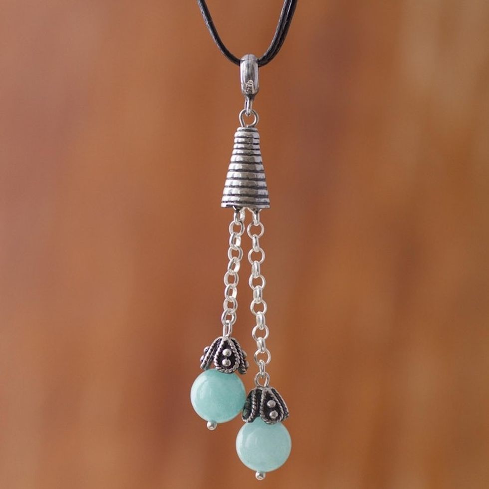Amazonite Pendant Necklace on Cotton Cord from Peru 'Floral Pendulums'