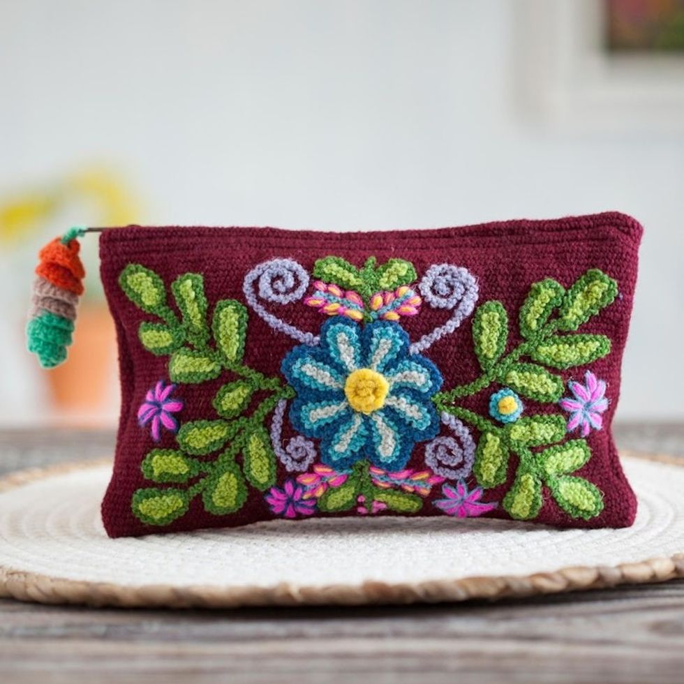 Handwoven Floral Wool Clutch in Maroon from Peru 'Peruvian Garden'