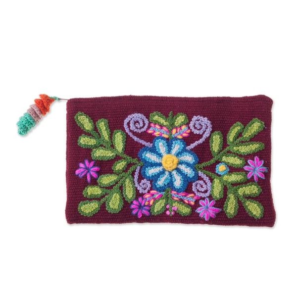 Alternate image for Handwoven Floral Wool Clutch in Maroon from Peru Peruvian Garden