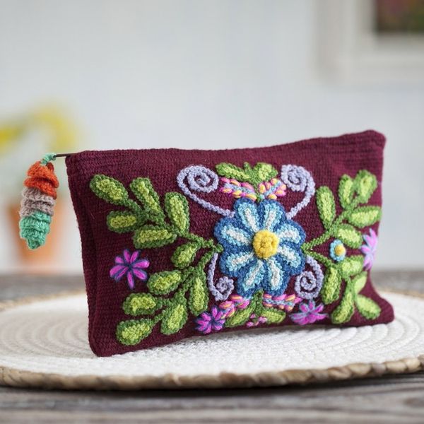 Alternate image for Handwoven Floral Wool Clutch in Maroon from Peru Peruvian Garden