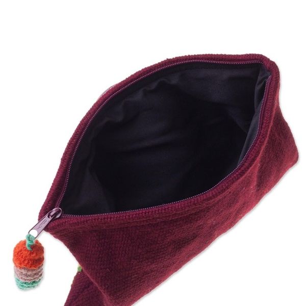 Alternate image for Handwoven Floral Wool Clutch in Maroon from Peru Peruvian Garden