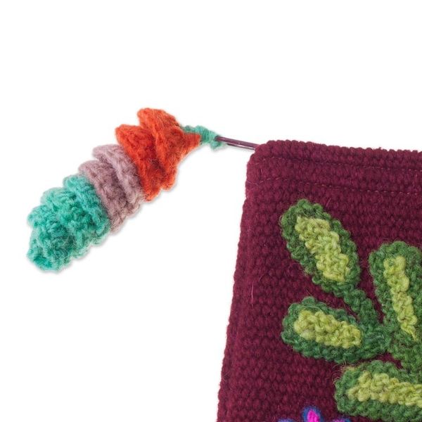 Alternate image for Handwoven Floral Wool Clutch in Maroon from Peru Peruvian Garden