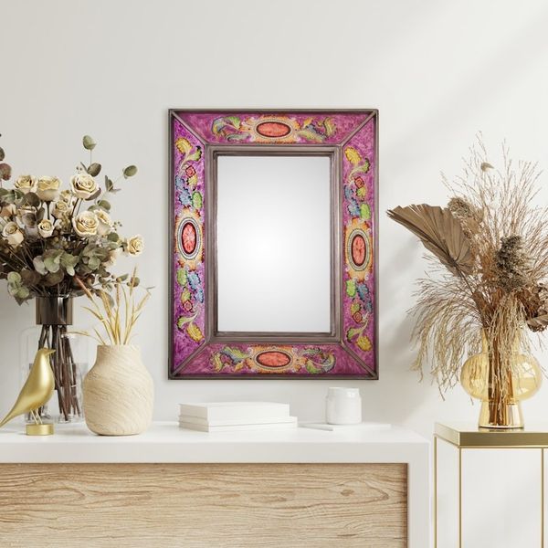 Alternate image for Floral Reverse-Painted Glass Wall Mirror in Purple from Peru Floral Medallions in Purple