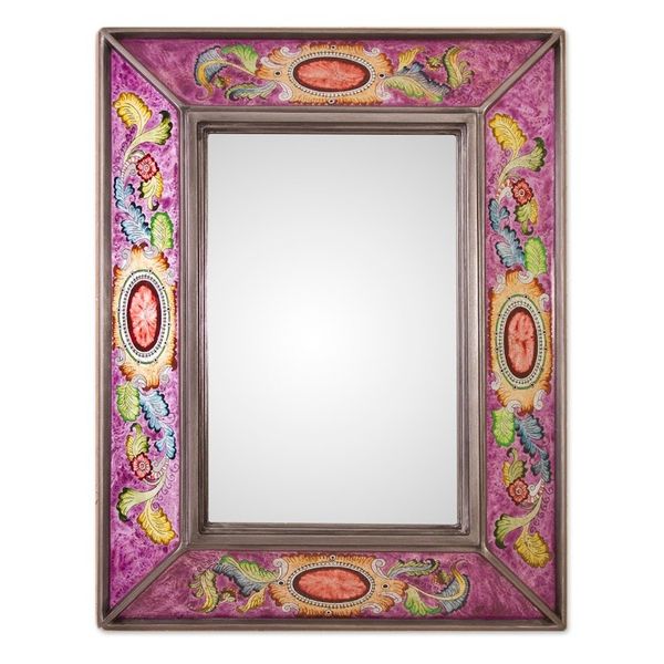 Alternate image for Floral Reverse-Painted Glass Wall Mirror in Purple from Peru Floral Medallions in Purple