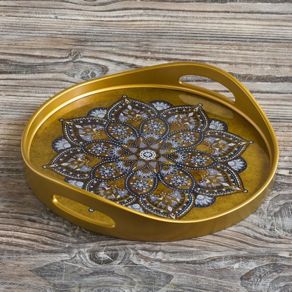 Hand Crafted Reverse-Painted Glass Tray 'Golden Aura'