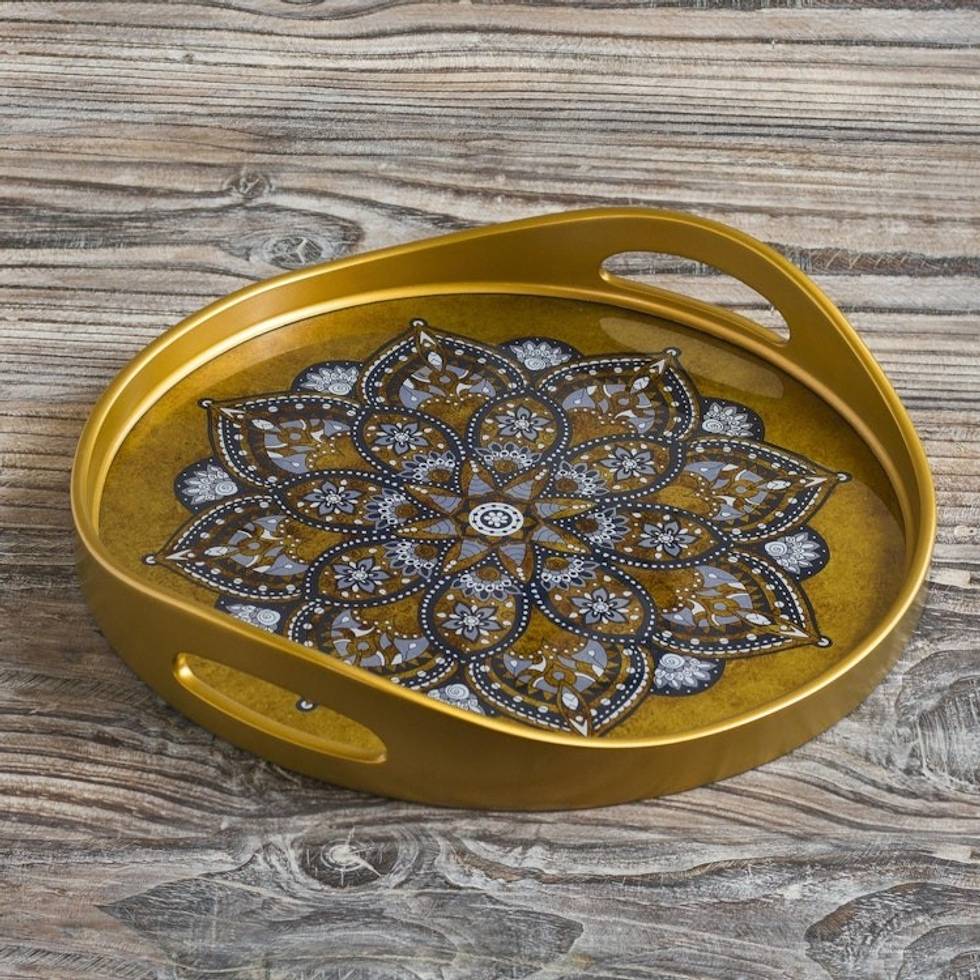 Hand Crafted Reverse-Painted Glass Tray 'Golden Aura'