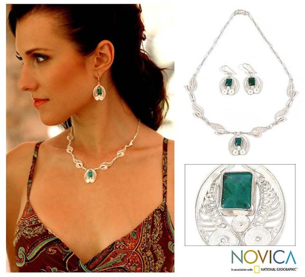 Chrysocolla Silver Necklace And Earrings Jewelry Set 'Leaves'