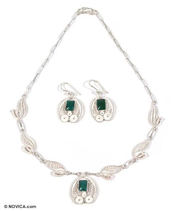 Alternate image for Chrysocolla Silver Necklace And Earrings Jewelry Set Leaves