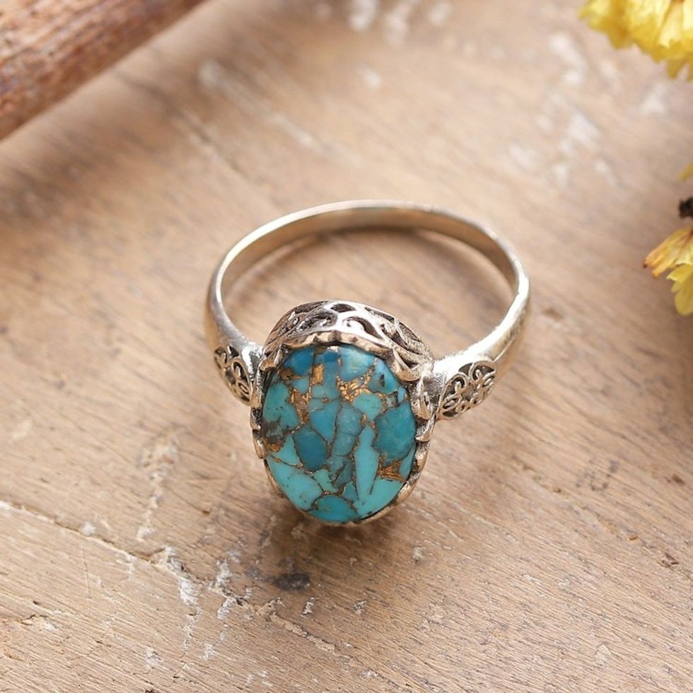 Polished Floral Oval Composite Turquoise Cocktail Ring 'Palatial Beauty'