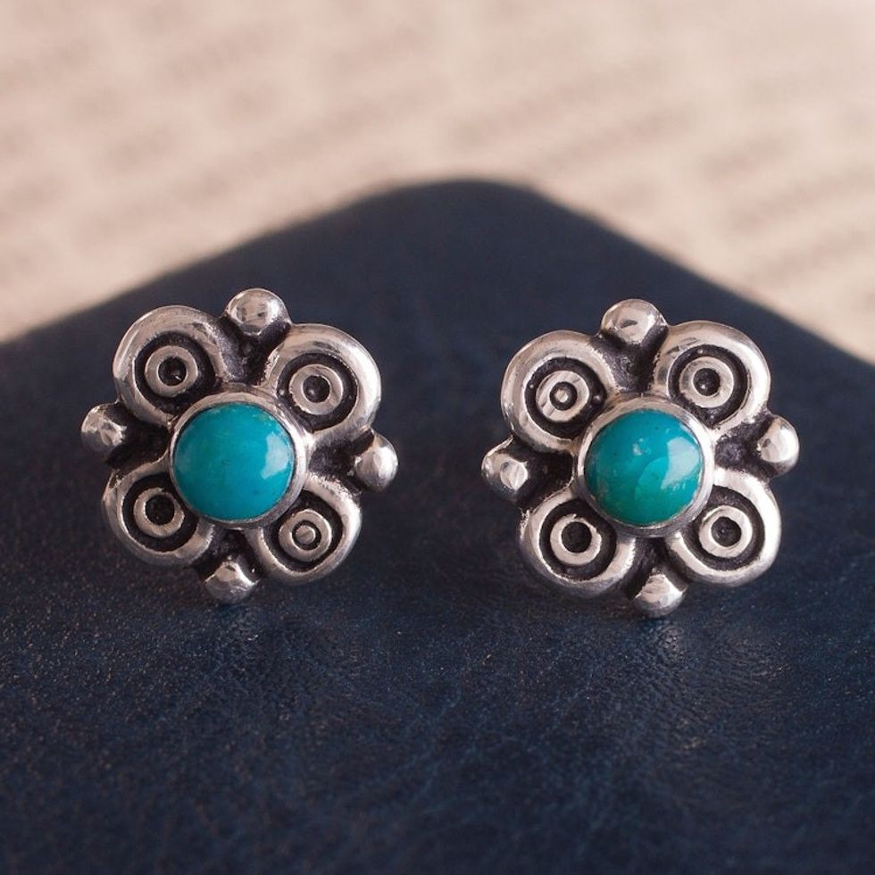 Artisan Crafted Chrysocolla Stud Earrings from Peru 'Divine Sweetness'