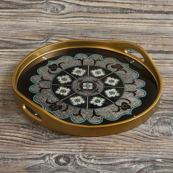 Alternate image for Black and Silver Reverse-Painted Glass Tray Andean Mandala in Silver