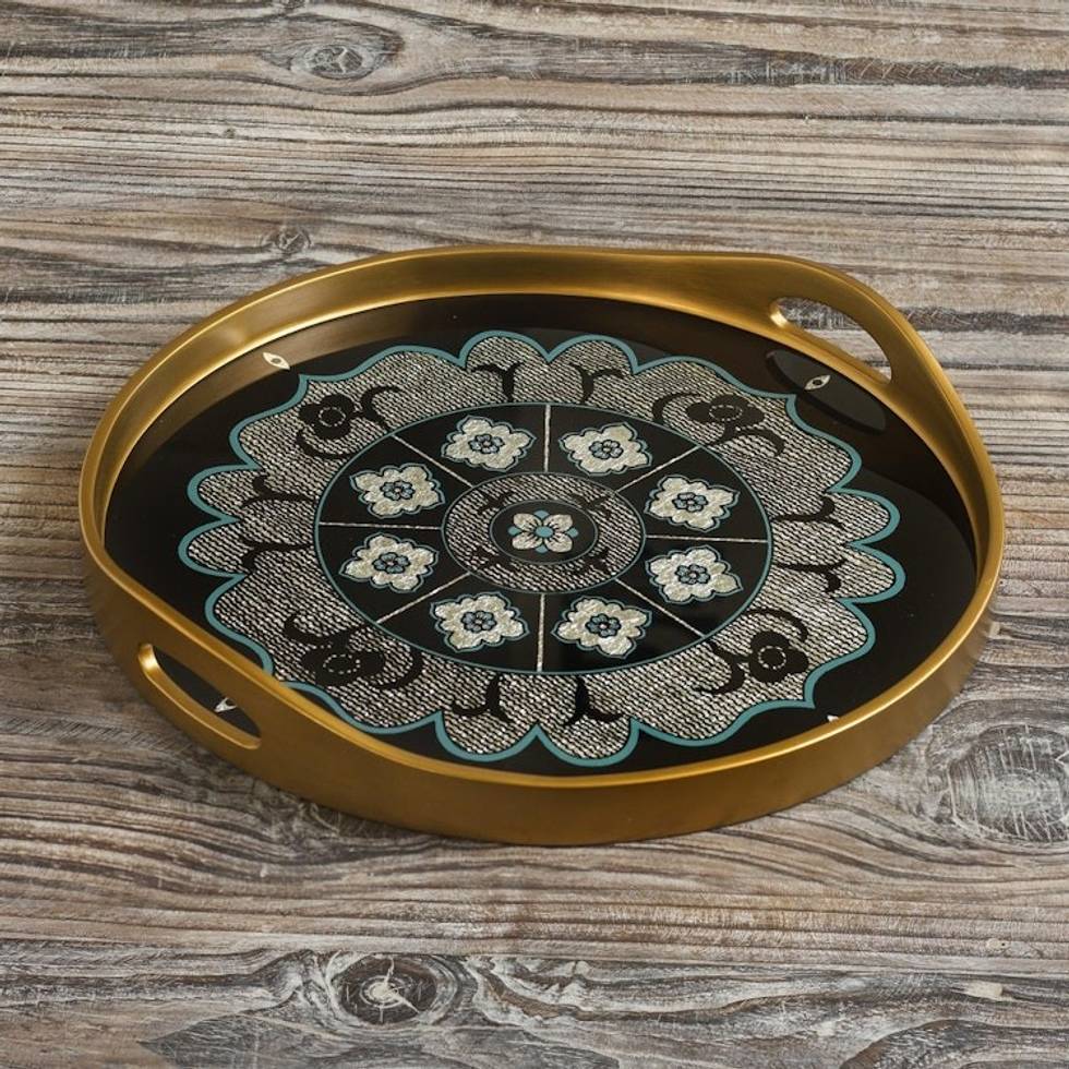 Black and Silver Reverse-Painted Glass Tray 'Andean Mandala in Silver'