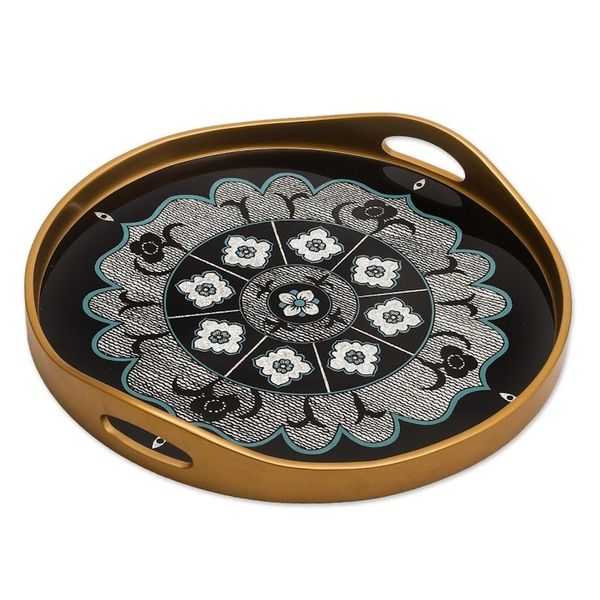 Alternate image for Black and Silver Reverse-Painted Glass Tray Andean Mandala in Silver