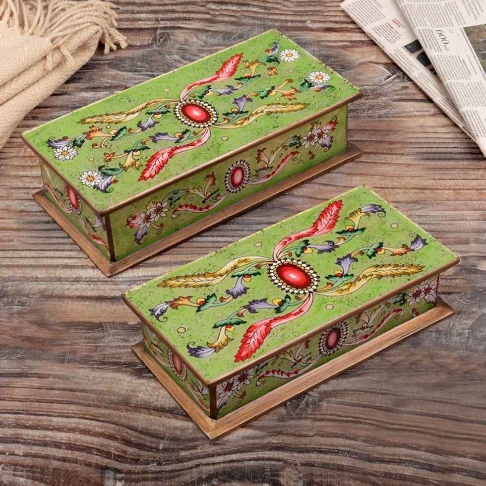 Handcrafted Reverse Painted Glass Jewelry Boxes Pair 'Ruby'