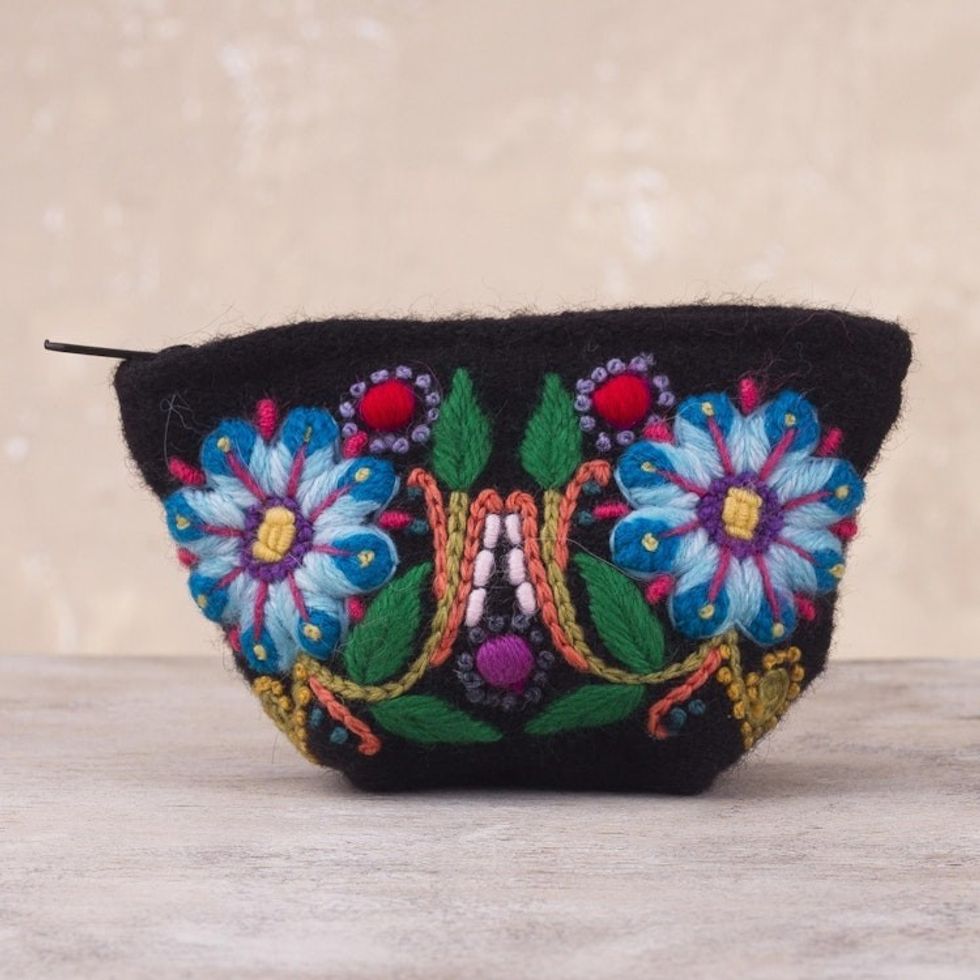 Floral Embroidered Alpaca Blend Coin Purse from Peru 'Peruvian Shopper'