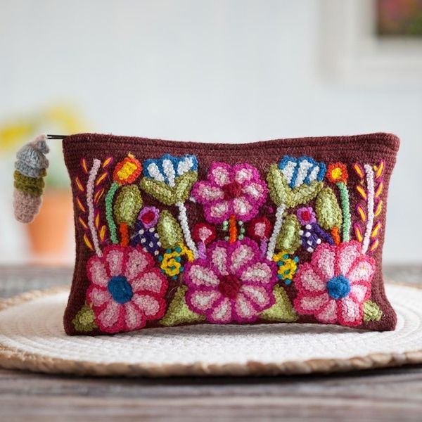 Alternate image for Handwoven Floral Wool Clutch in Mahogany from Peru Peruvian Bouquet