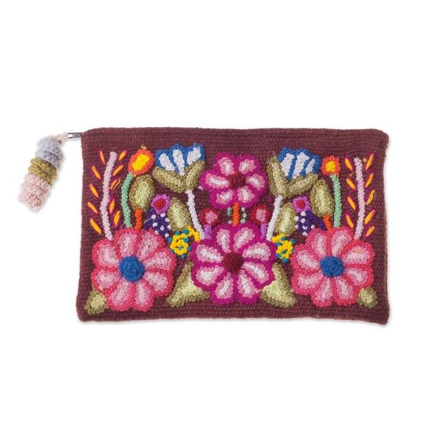 Alternate image for Handwoven Floral Wool Clutch in Mahogany from Peru Peruvian Bouquet