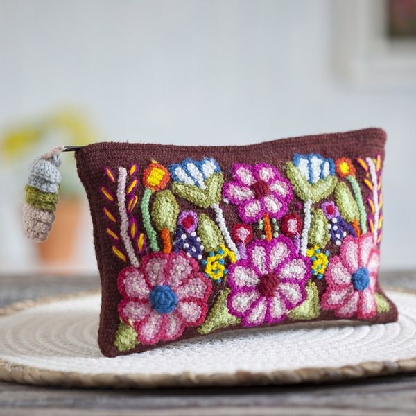 Alternate image for Handwoven Floral Wool Clutch in Mahogany from Peru Peruvian Bouquet