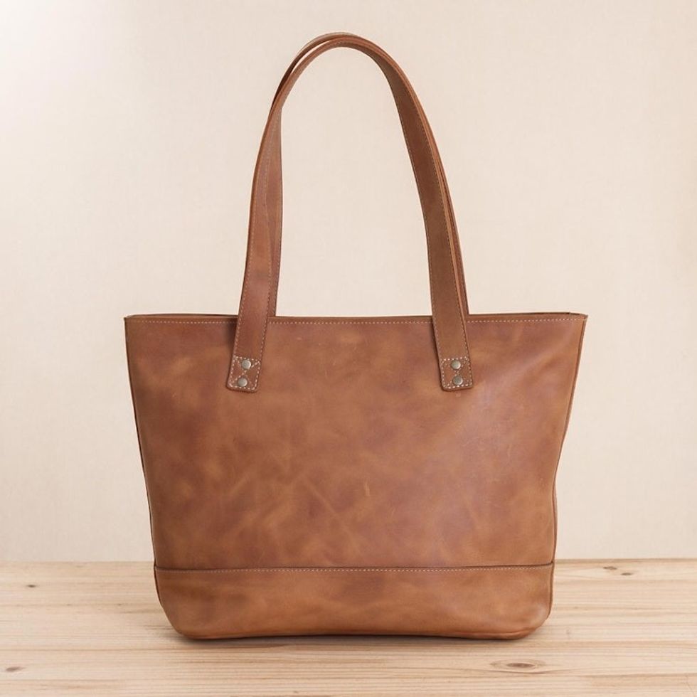 Handcrafted Leather Tote in Sepia from Peru 'Sepia Waves'