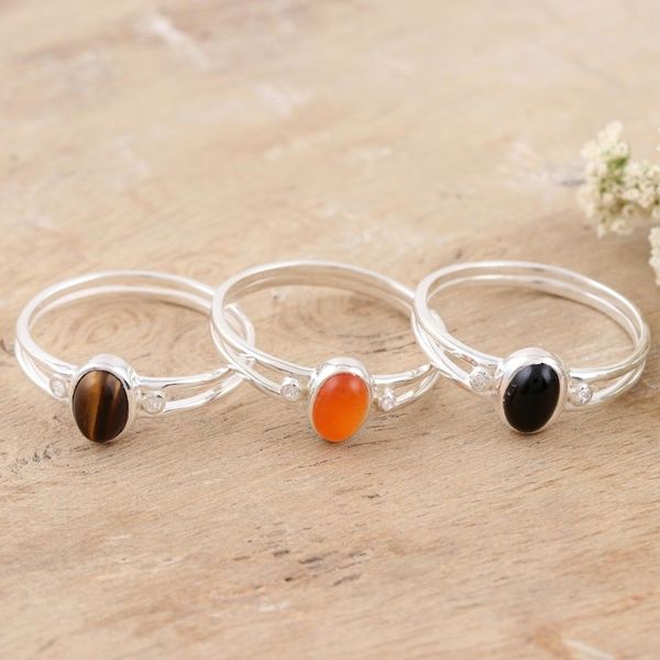 Alternate image for Tigers Eye and Carnelian Single Stone Rings Set of 3 Triple Crown