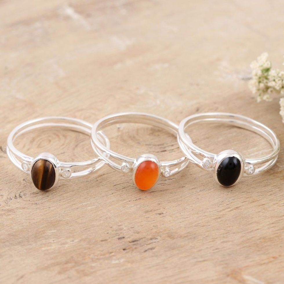 Tiger's Eye and Carnelian Single Stone Rings Set of 3 'Triple Crown'