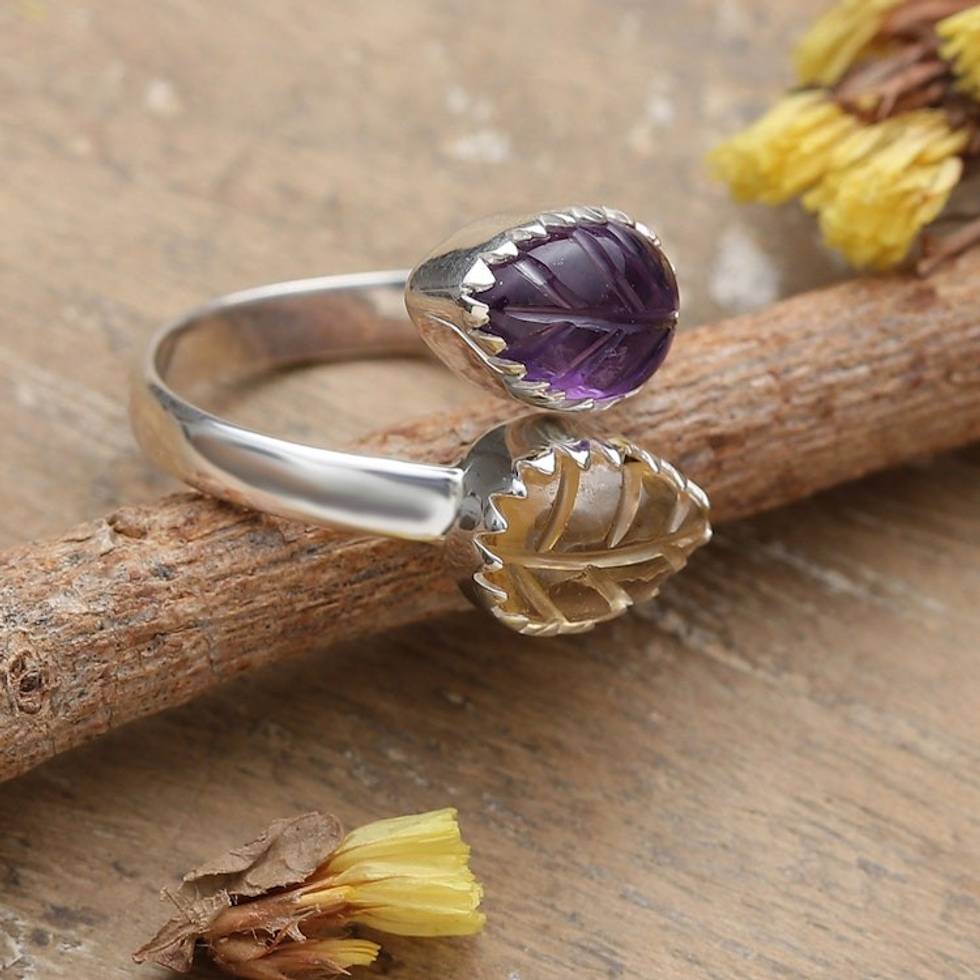 Modern Citrine and Amethyst Sterling Silver Wrap Ring 'Leafy Union'