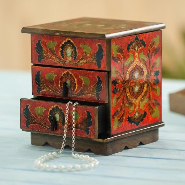 Alternate image for Reverse Painted Glass Decorative Chest in Red from Peru Joyous Red Enchantment