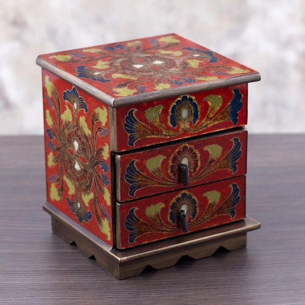Alternate image for Reverse Painted Glass Decorative Chest in Red from Peru Joyous Red Enchantment