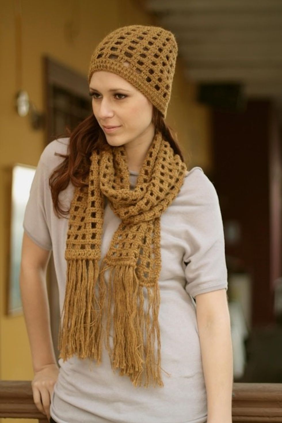 100 alpaca scarf and hat 'Ochre Puzzles'