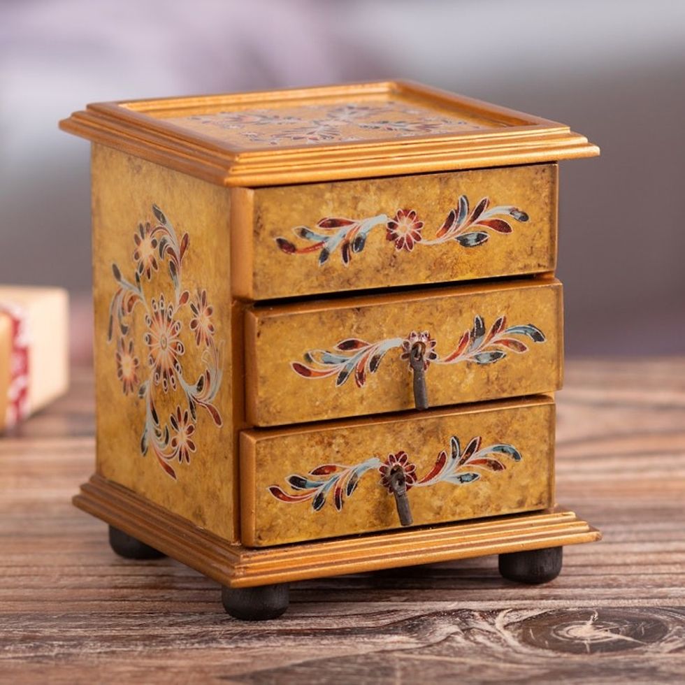 Floral Reverse Painted Glass Jewelry Box in Yellow from Peru 'Yellow Garden'