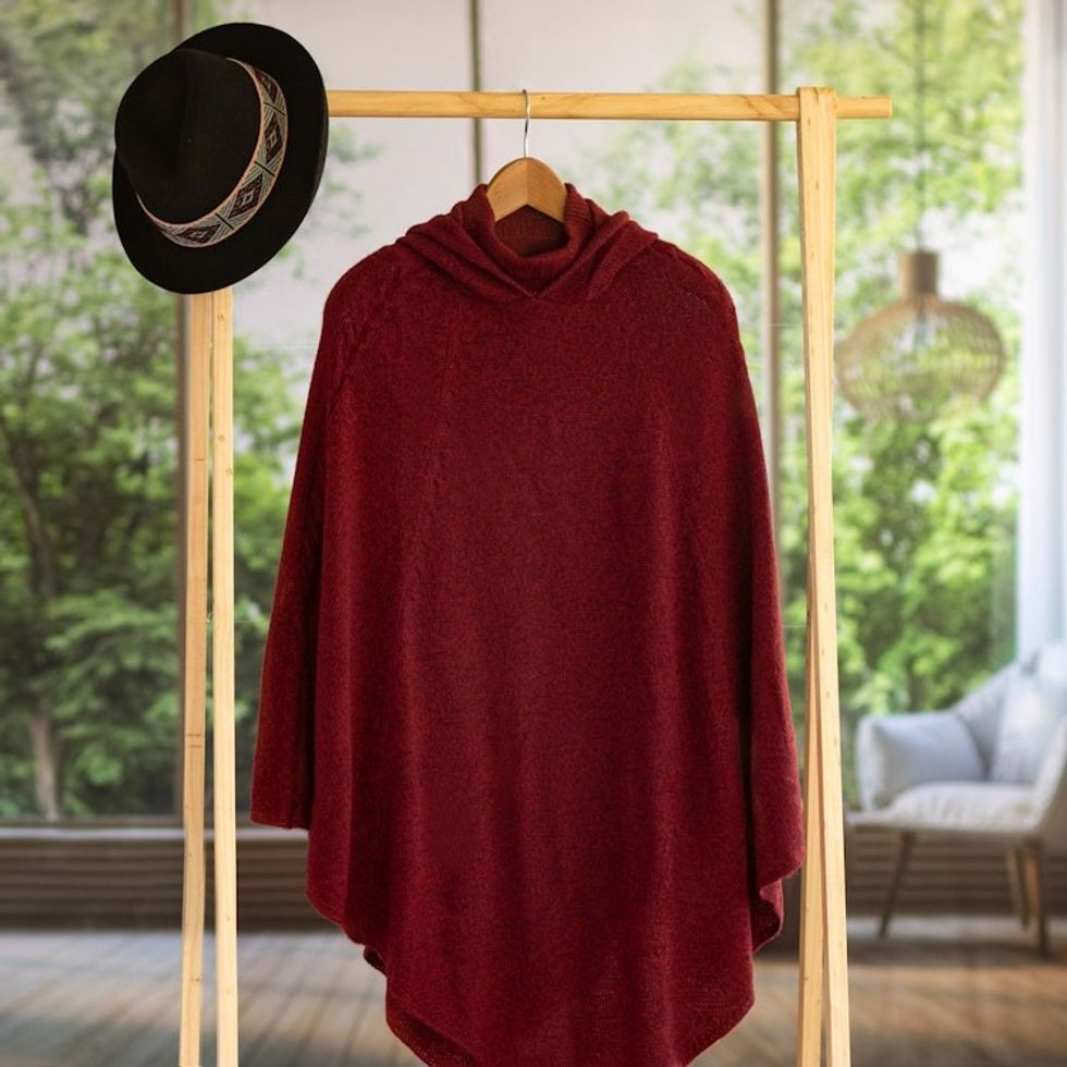 Knit Alpaca Blend Hooded Poncho in Crimson from Peru 'Adventurous Style in Crimson'