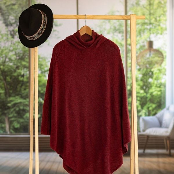 Alternate image for Knit Alpaca Blend Hooded Poncho in Crimson from Peru Adventurous Style in Crimson