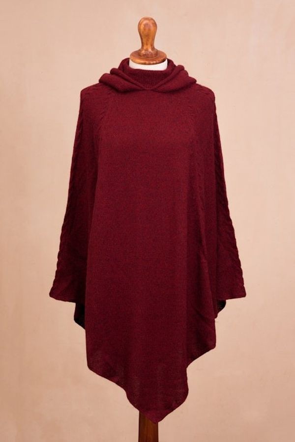 Alternate image for Knit Alpaca Blend Hooded Poncho in Crimson from Peru Adventurous Style in Crimson