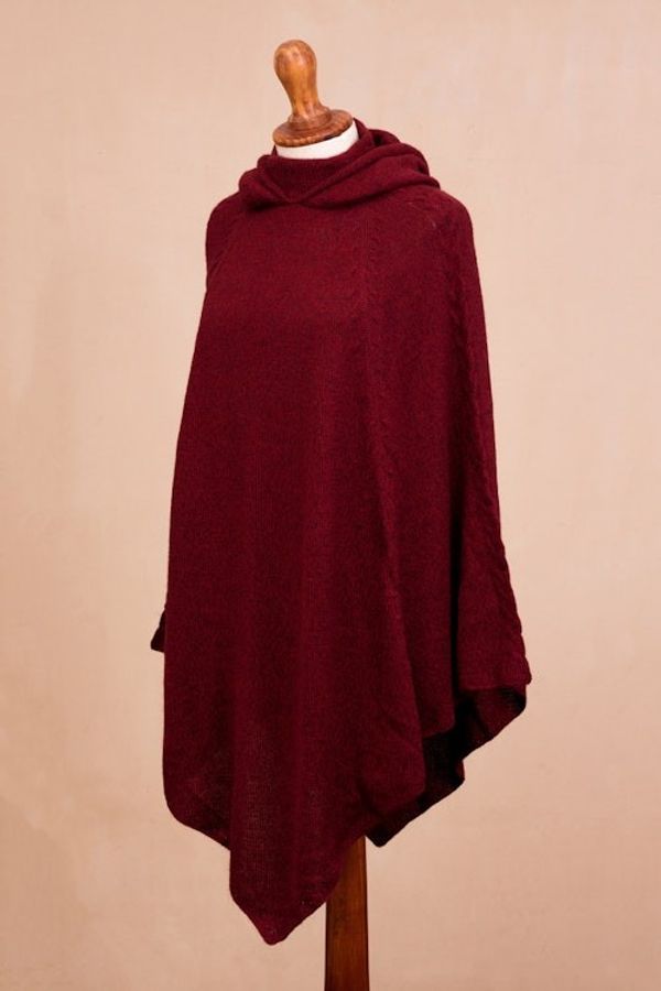 Alternate image for Knit Alpaca Blend Hooded Poncho in Crimson from Peru Adventurous Style in Crimson