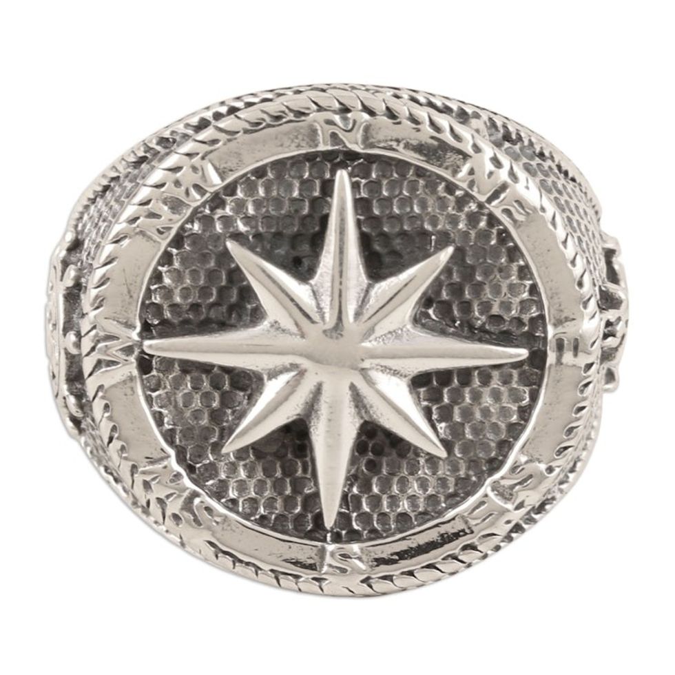Men's Sterling Silver Signet Ring with Compass Rose 'Guiding Center'