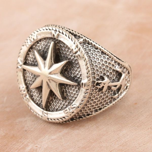 Alternate image for Mens Sterling Silver Signet Ring with Compass Rose Guiding Center