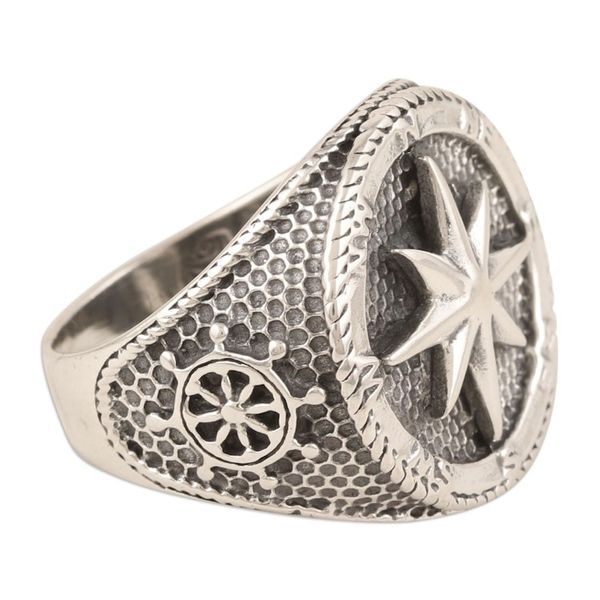 Alternate image for Mens Sterling Silver Signet Ring with Compass Rose Guiding Center