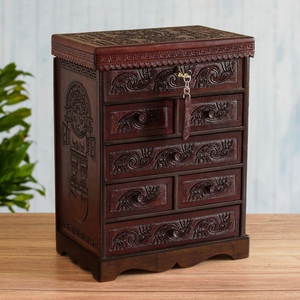 Andean Hand Tooled Leather Jewelry Box with the Sun God 'Sun God Wiracocha'