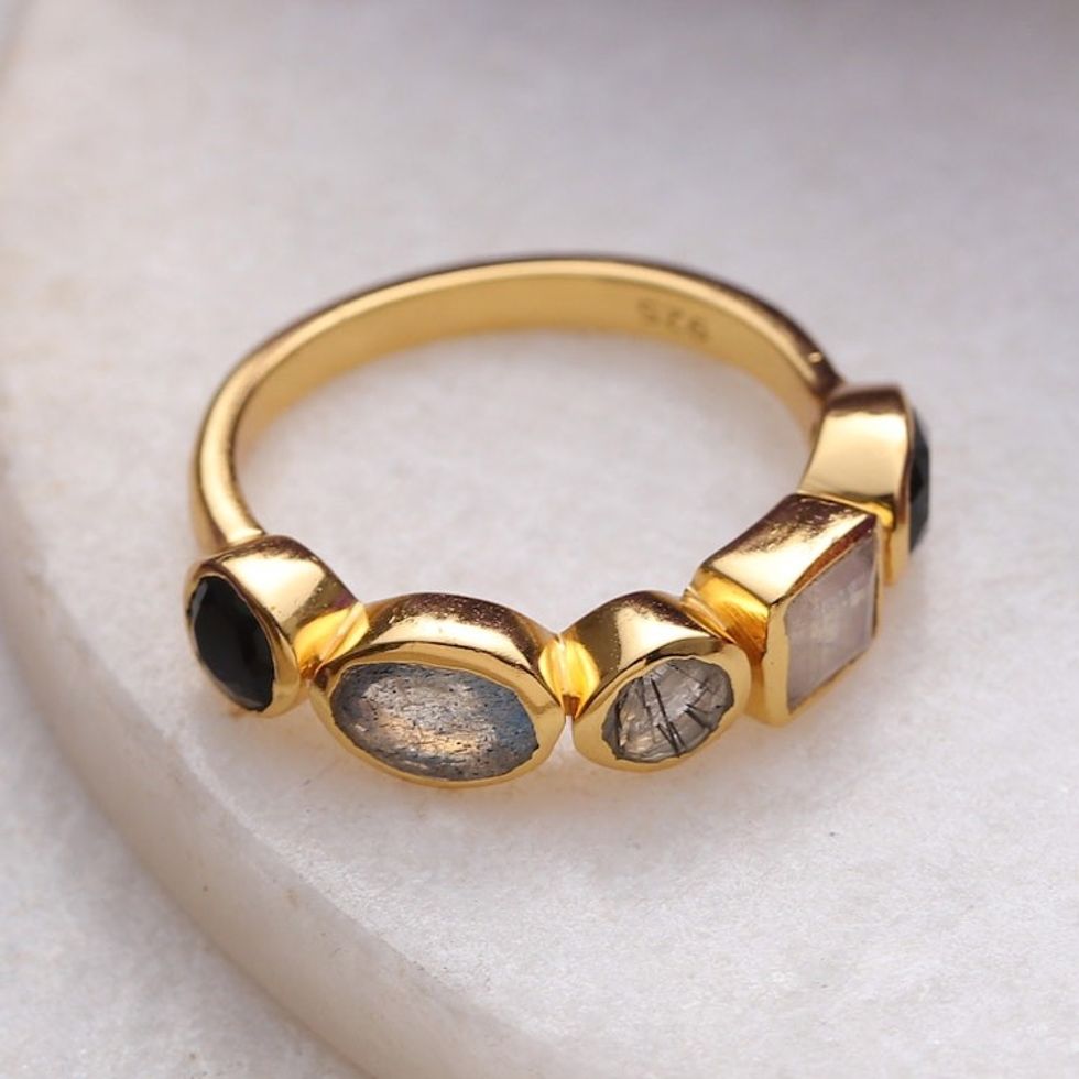 18k Gold-Plated One-Carat Multi-Gemstone Band Ring 'Five Spirits'