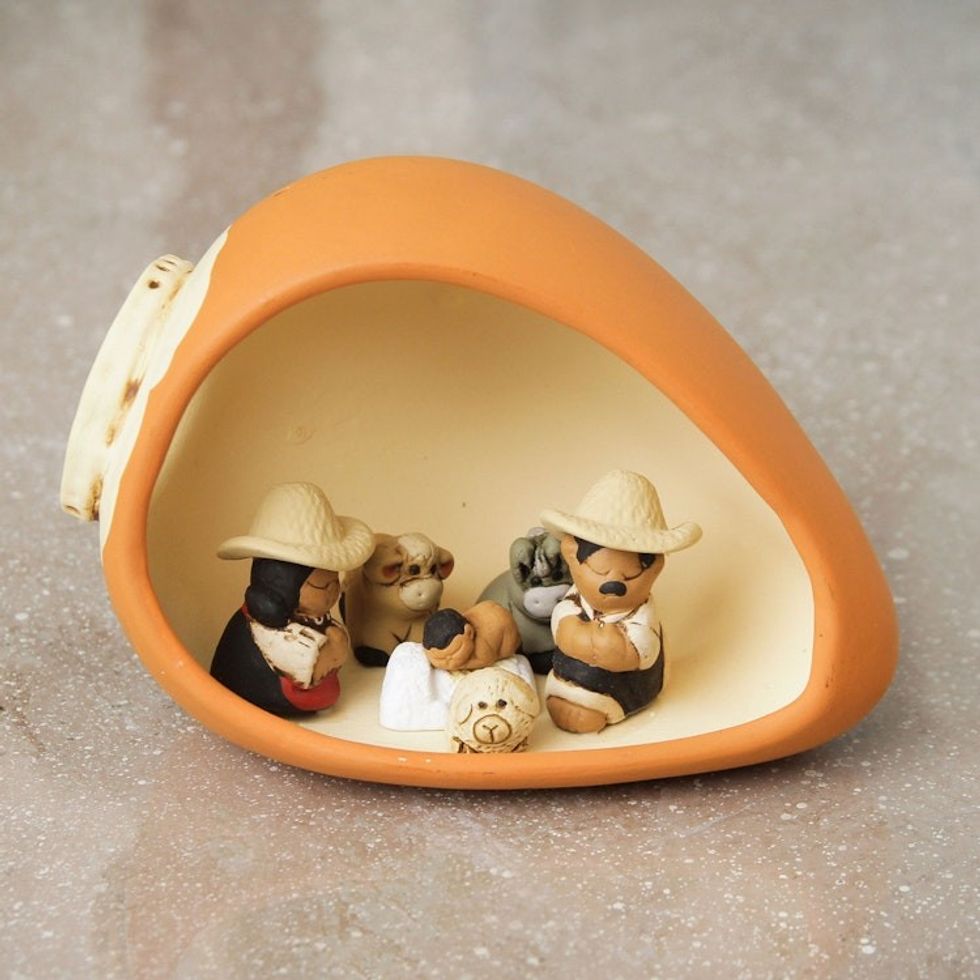 Traditional Pumpkin-Themed Painted Ceramic Nativity Scene 'Pumpkin Love'