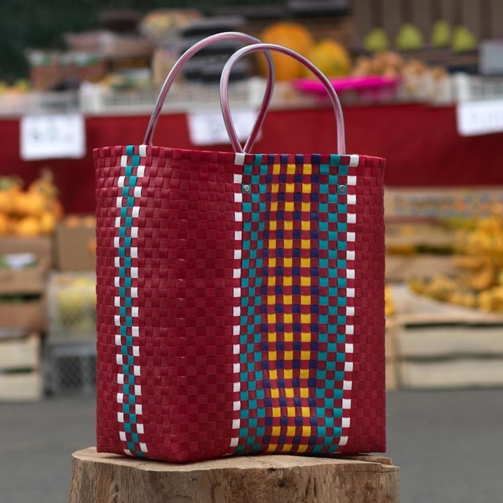 Handwoven Recycled Shopping Tote 'Sunday Market in Claret'