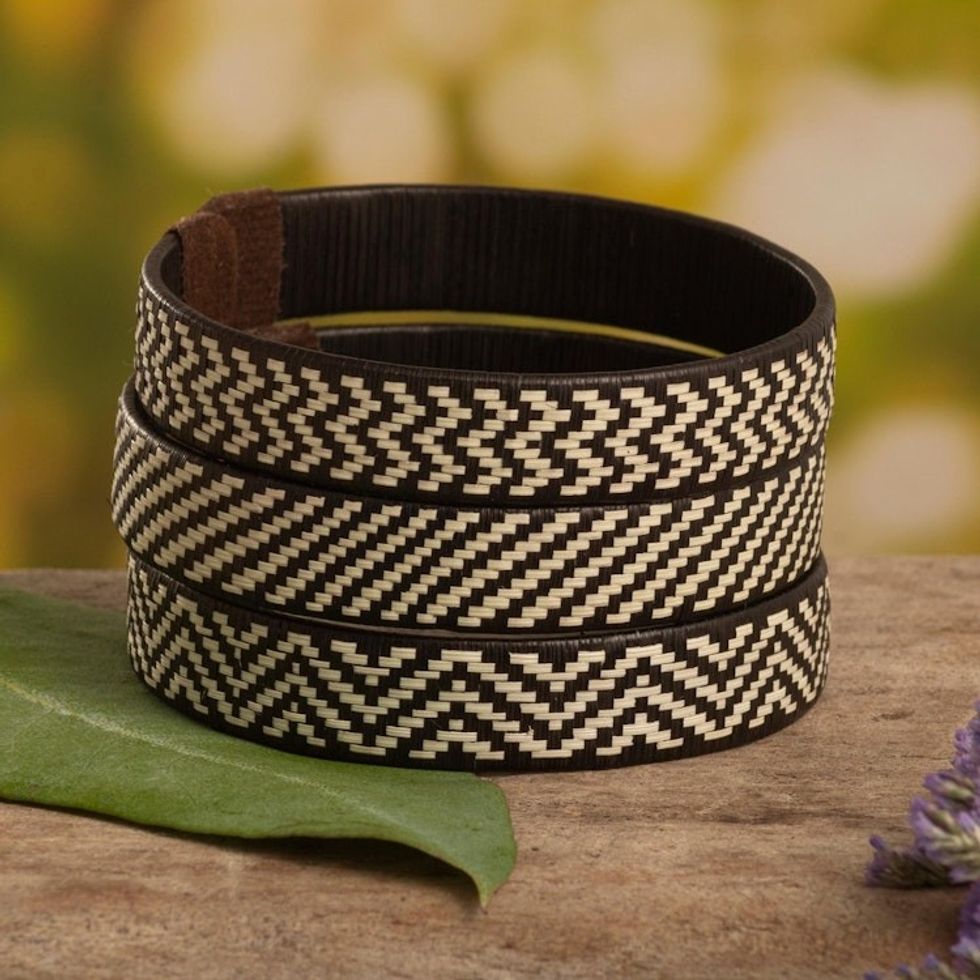 Three Brown Cuff Bracelets Woven with Colombian Cane Fiber 'Chestnut Colombian Geometry'