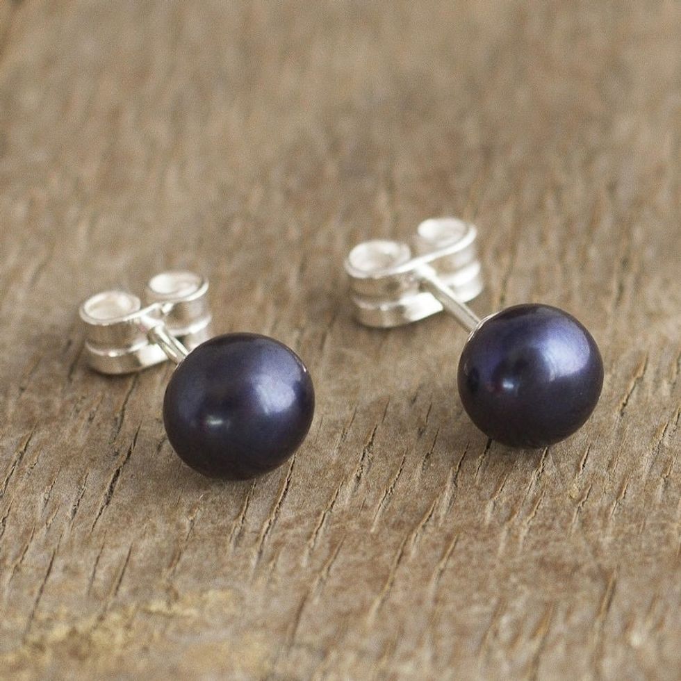 Artisan Crafted Dark Grey Cultured Pearl Studs 'Perfectly Dark'