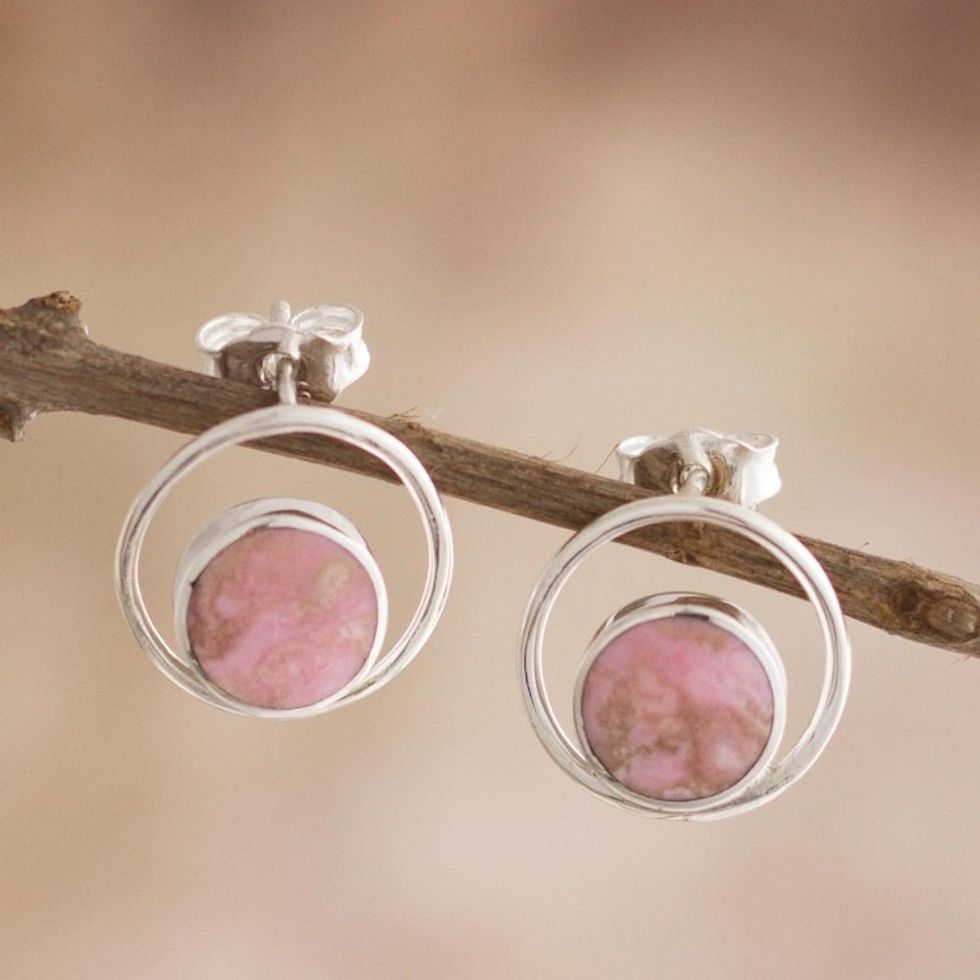 Rhodonite and Sterling Silver Drop Earrings from Peru 'In the Loop'