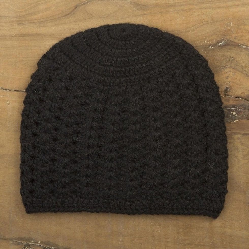 Hand-Crocheted Black Alpaca Cozy Winter Hat 'Black Stars Align'