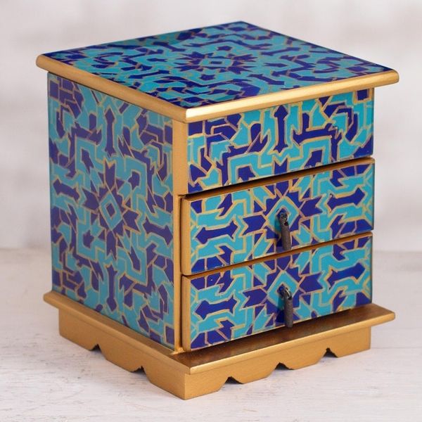 Alternate image for Reverse Painted Glass Jewelry Box in Blue from Peru Blue Intricacy