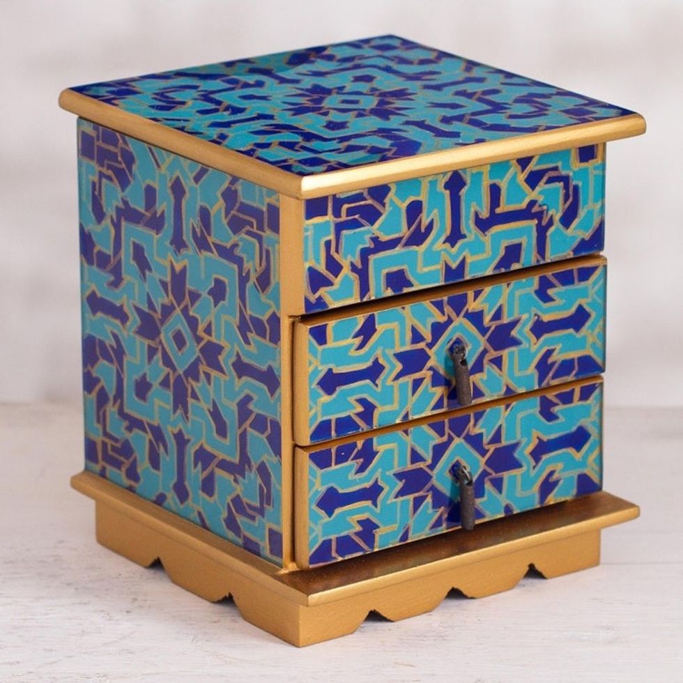 Reverse Painted Glass Jewelry Box in Blue from Peru 'Blue Intricacy'