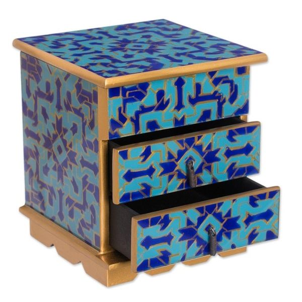Alternate image for Reverse Painted Glass Jewelry Box in Blue from Peru Blue Intricacy